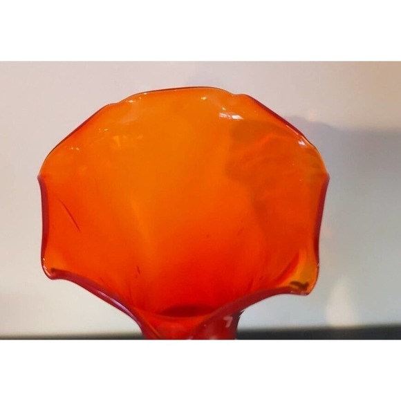 Vintage Small Orange Art Glass Vase Ruffled Glass Clear Stemmed Base 8 inch - Picture 2 of 5